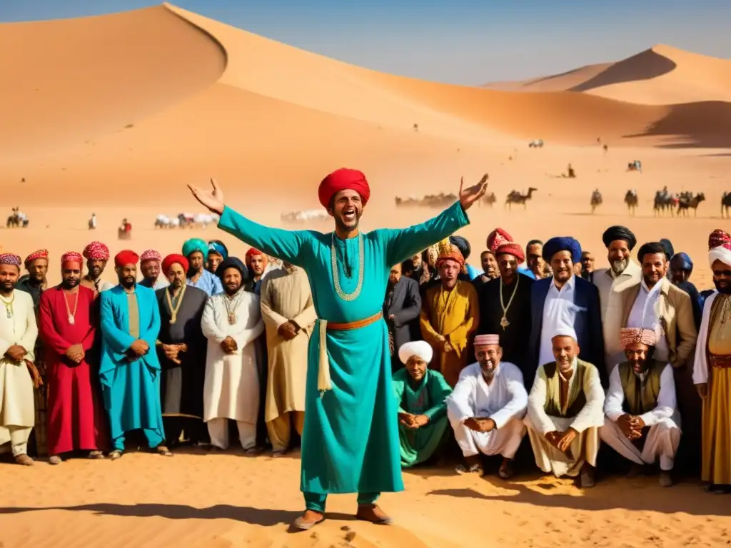 Grupo de hombres norteafricanos en mercado animado bajo el sol del desierto, destacando sus coloridos atuendos