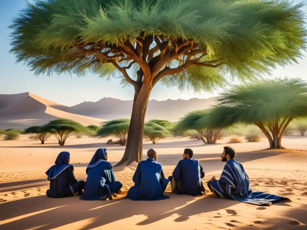 Grupo de hombres tuareg vestidos con túnicas azules tradicionales, conversando animadamente bajo un árbol en el desierto