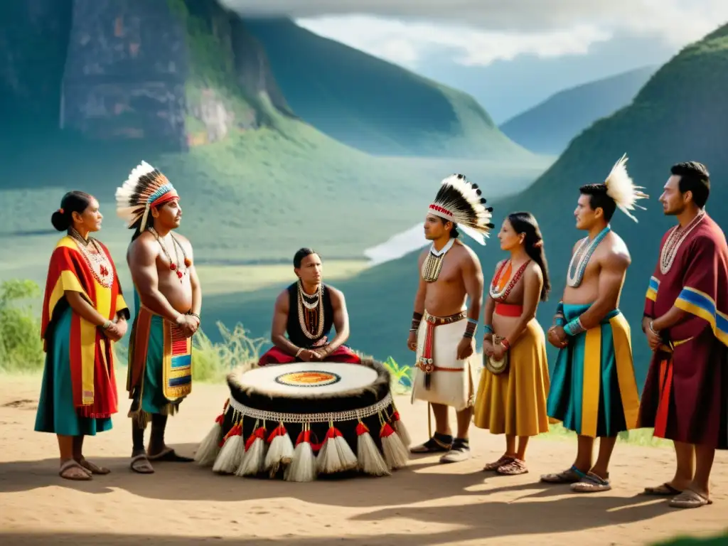 Grupo indígena en ceremonia tradicional, con colores vibrantes y vestimenta tradicional, en un contexto natural que refleja la complejidad de la comprensión del postcolonialismo y alteridad