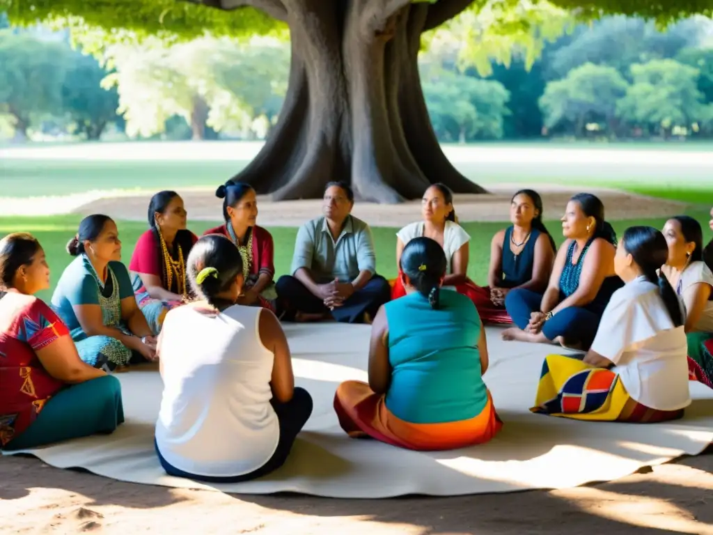 Grupo indígena en taller de revitalización del lenguaje, bajo un árbol, discutiendo el impacto del lenguaje en sociedades postcoloniales