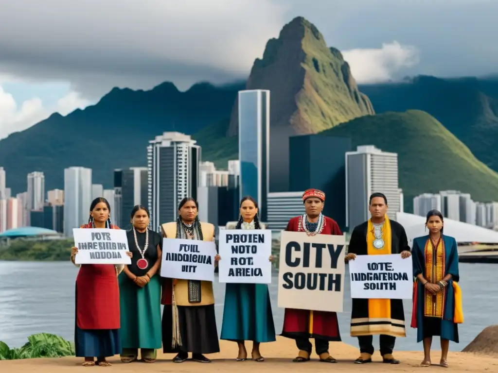 Grupo de indígenas con atuendo tradicional protesta frente a la ciudad, simbolizando la resistencia de pueblos indígenas sudamericanos