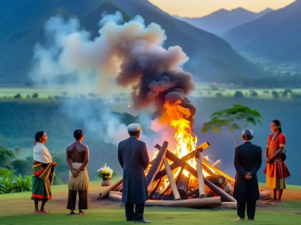 Un grupo de indígenas se reúne alrededor de una pira funeraria en un emotivo ritual, iluminados por el cálido fuego