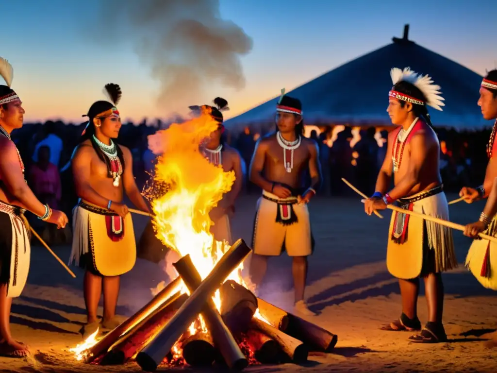 Grupo de indígenas en prácticas espirituales nativas música trance alrededor de fogata