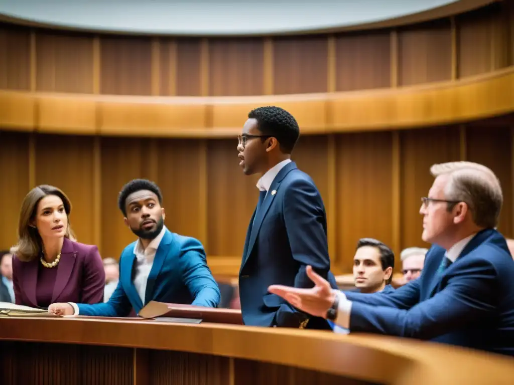 Un grupo de individuos debaten apasionadamente en una elegante cámara de debate