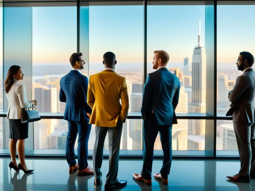 Un grupo de individuos idénticos en trajes de diferentes colores, de espaldas en una oficina moderna con vista a la ciudad