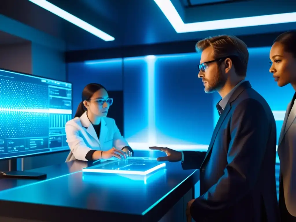 Un grupo de ingenieros y científicos discuten tecnología futurista en un laboratorio moderno, iluminados por pantallas azules