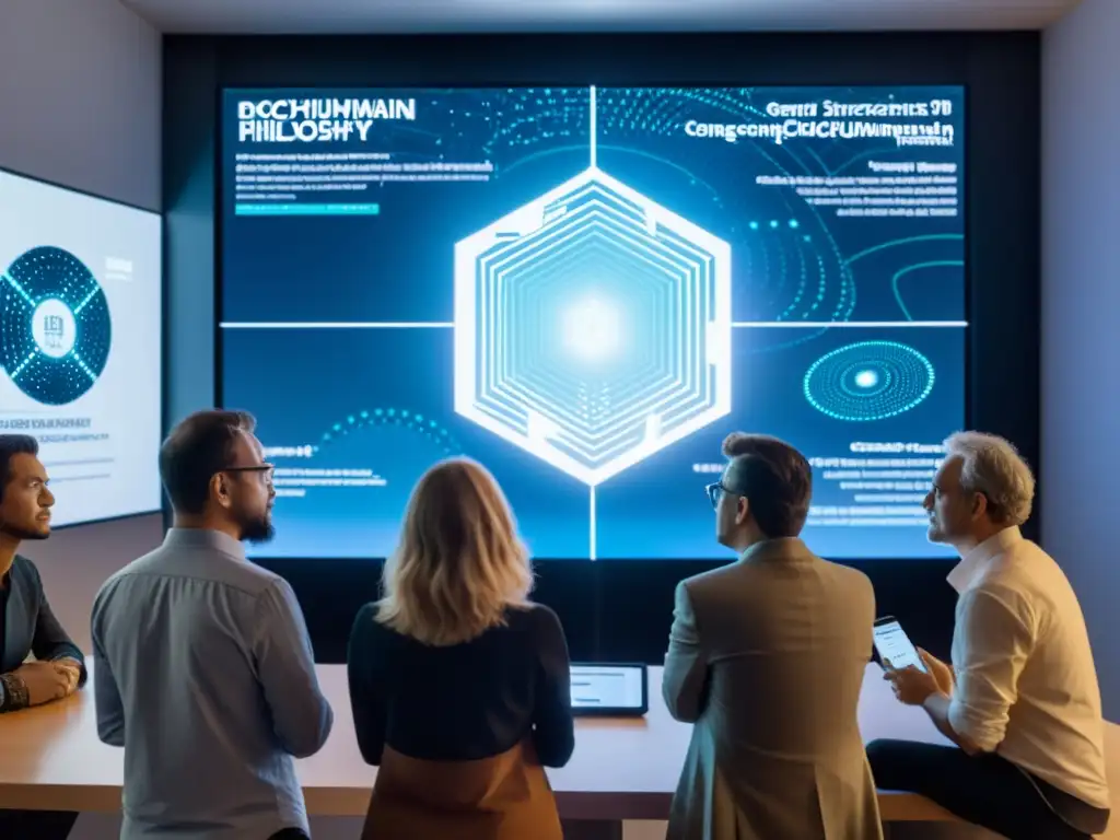 Un grupo inmerso en una discusión sobre filosofía posthumanista y tecnología blockchain frente a una pantalla digital