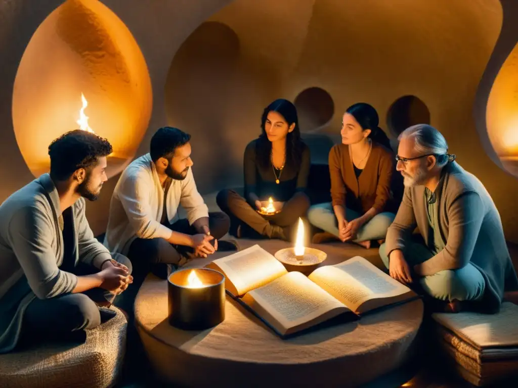 Grupo inmerso en estudio profundo de la Kabbalah en Israel, rodeado de antiguos textos y objetos, iluminados por cálidas lámparas de aceite