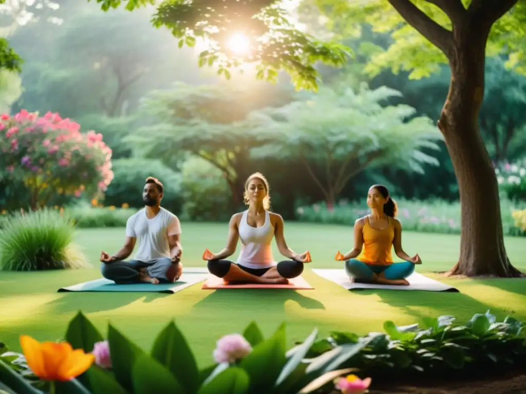 Un grupo inmerso en la filosofía hindú practica yoga y meditación en un jardín exuberante