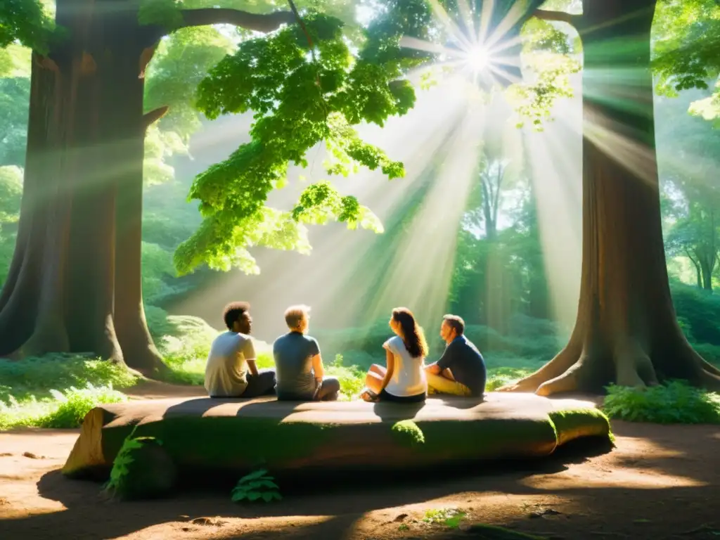 Un grupo inmerso en la naturaleza de Nueva Inglaterra, debatiendo en un claro boscoso bañado por la luz del sol