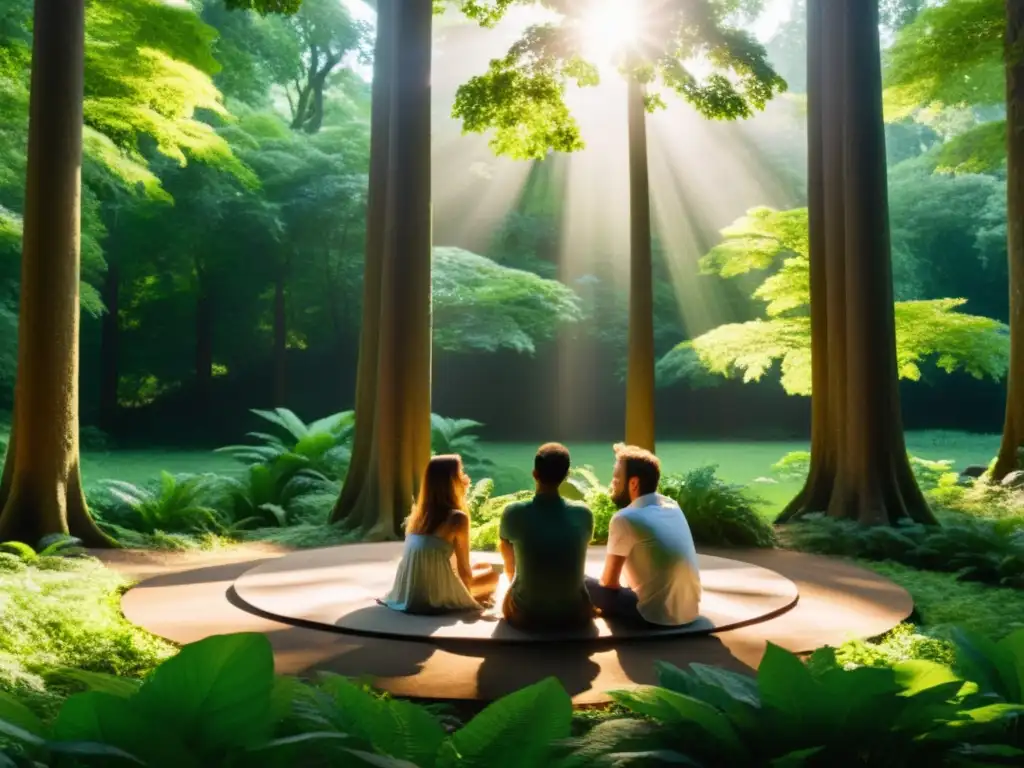 Grupo inmerso en profunda conversación en círculo en la Selva Negra, rodeado de naturaleza exuberante