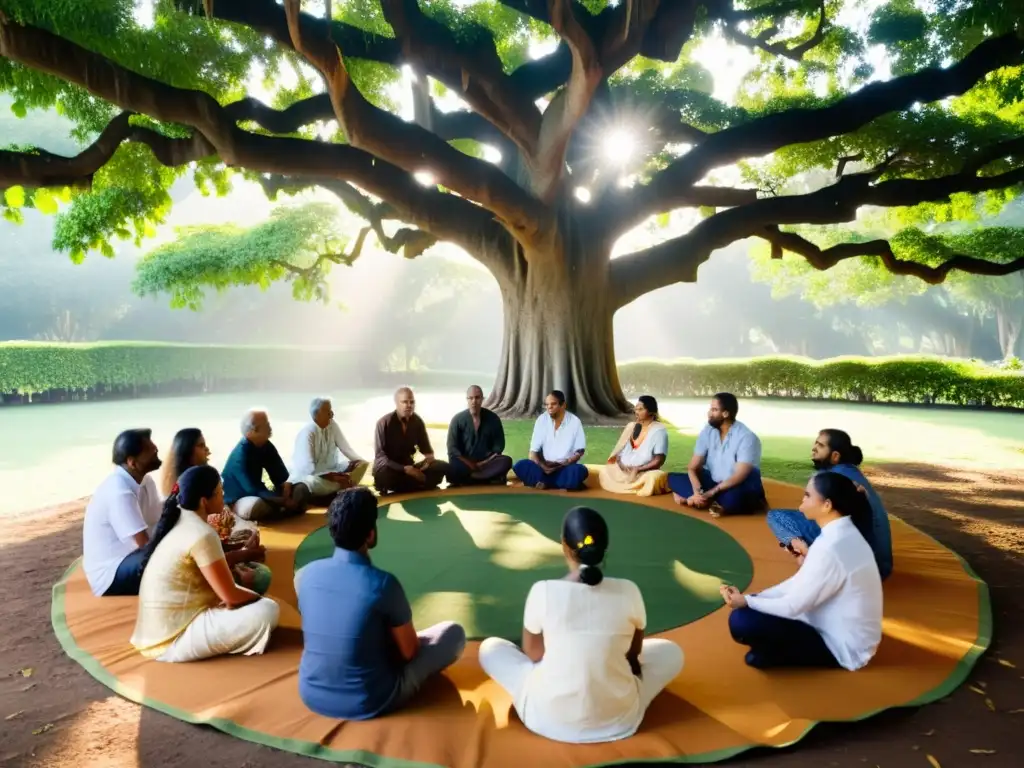 Grupo inmerso en profunda discusión bajo un frondoso árbol banyan en un retiro védico