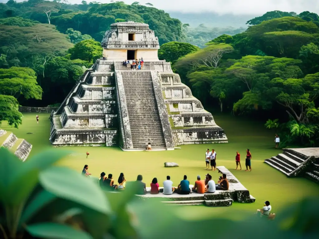 Grupo inmerso en retiro filosófico en sitio arqueológico maya, con ricos diálogos y paisaje exuberante