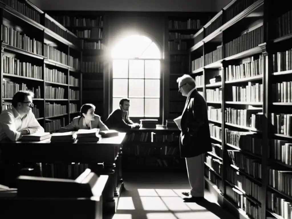 Un grupo de intelectuales inmersos en una acalorada discusión en una biblioteca tenue