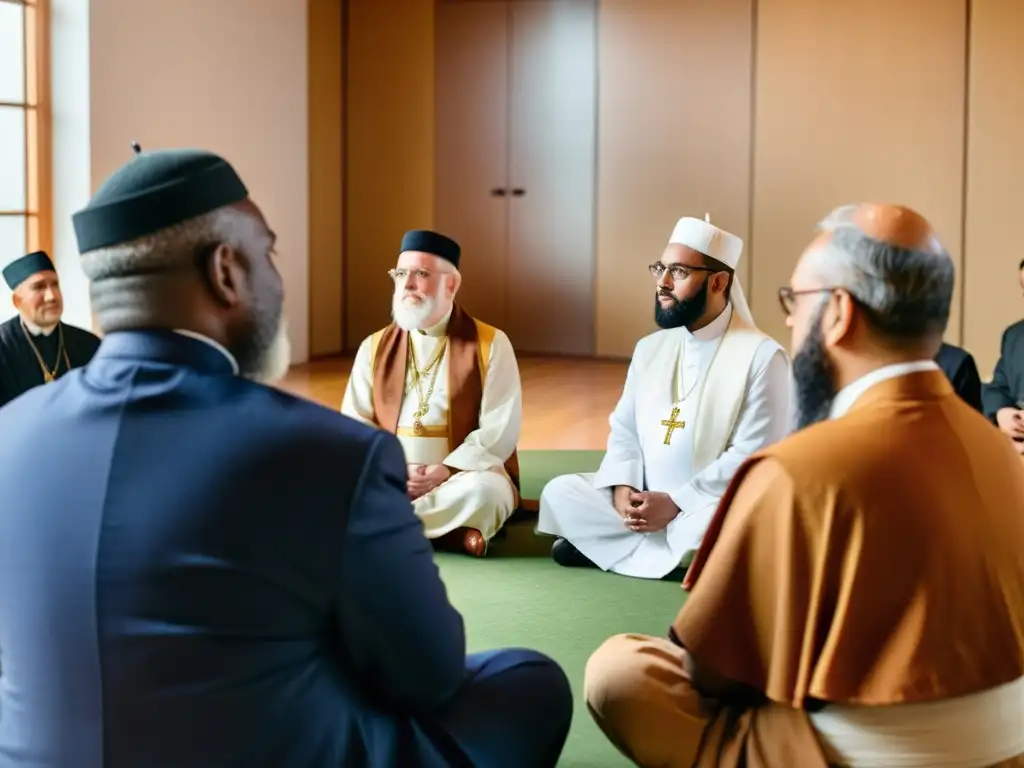 Grupo interreligioso en diálogo espiritual, irradiando unidad y respeto mutuo