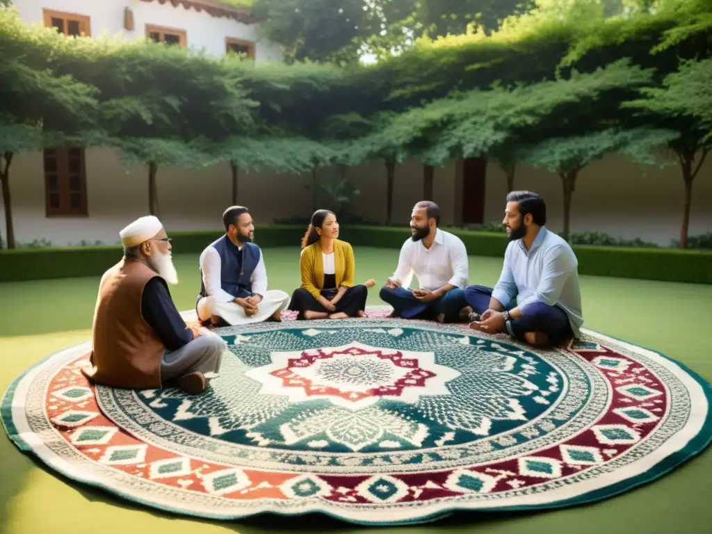 Grupo en discusión filosófica islámica en un tranquilo patio soleado, reflejando las virtudes de la vida filosófica islámica