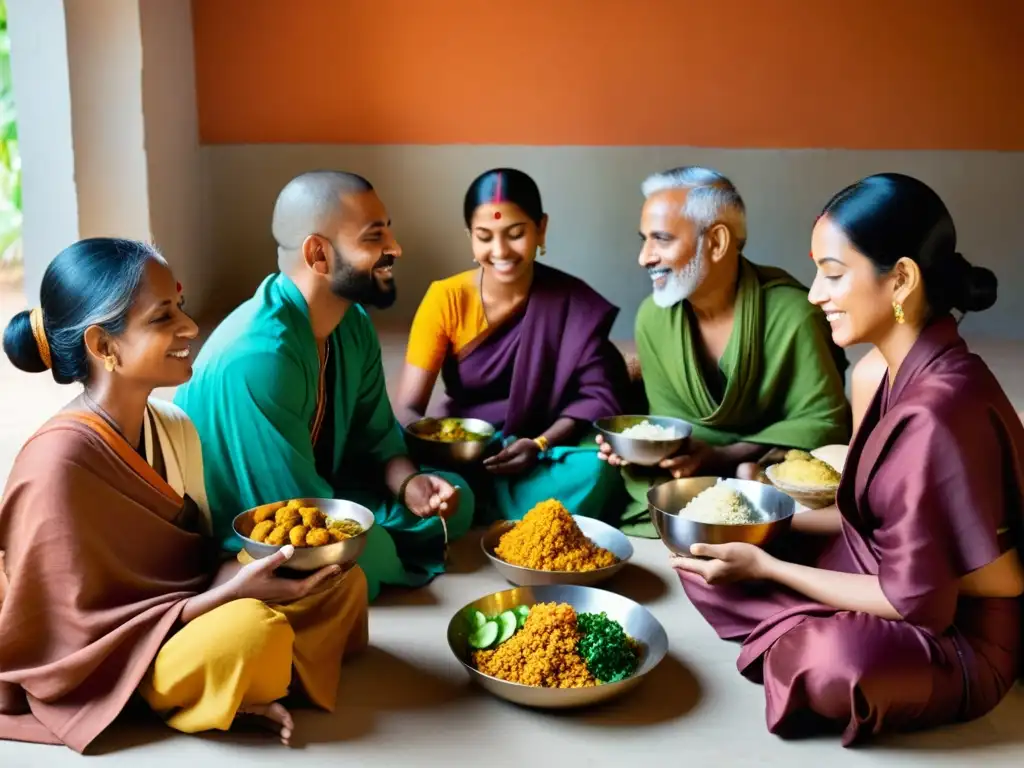 Grupo jainista disfrutando de una comida consciente y pacífica, reflejando los principios alimentación consciente jainista