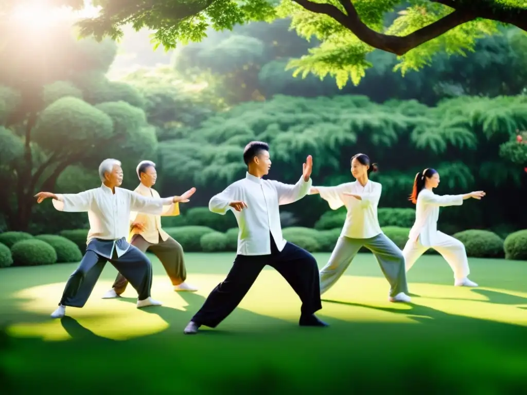 Un grupo practica Tai Chi en un jardín exuberante al amanecer, con movimientos fluidos y serenos