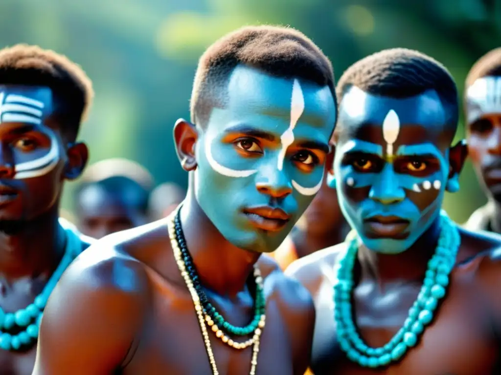 Un grupo de jóvenes hombres participa en un ritual de iniciación subsahariano, mostrando el significado filosófico de ritos subsaharianos en su atuendo ceremonial y expresiones serias
