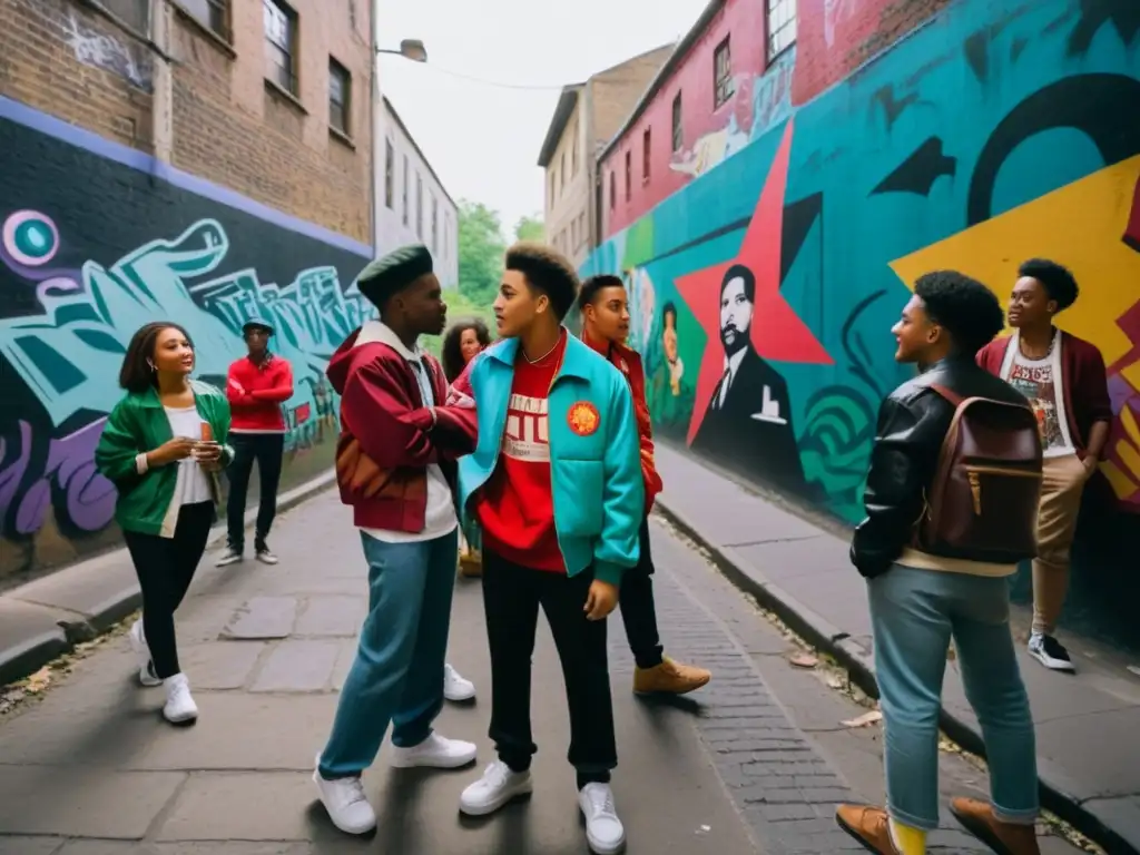 Un grupo de jóvenes con ropa vibrante se reúnen en un callejón graffiteado, discutiendo apasionadamente