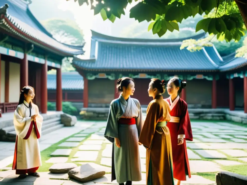 Un grupo de jóvenes en túnicas confucianas discuten apasionadamente en un patio rodeado de arquitectura antigua y exuberante vegetación