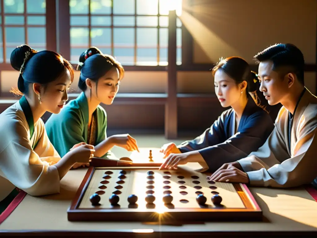 Grupo jugando juegos filosóficos sobre Confucio en un escenario sereno con luz natural