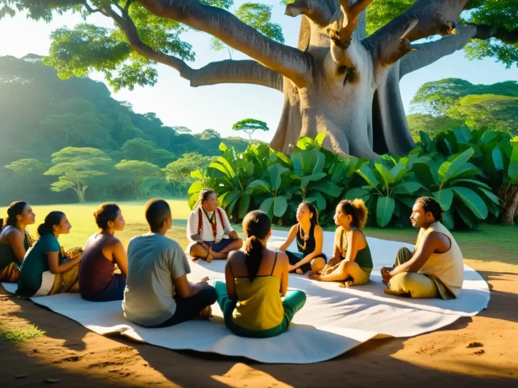 Grupo reflexiona junto al árbol ceiba en retiro filosófico Sabiduría Maya Centroamérica