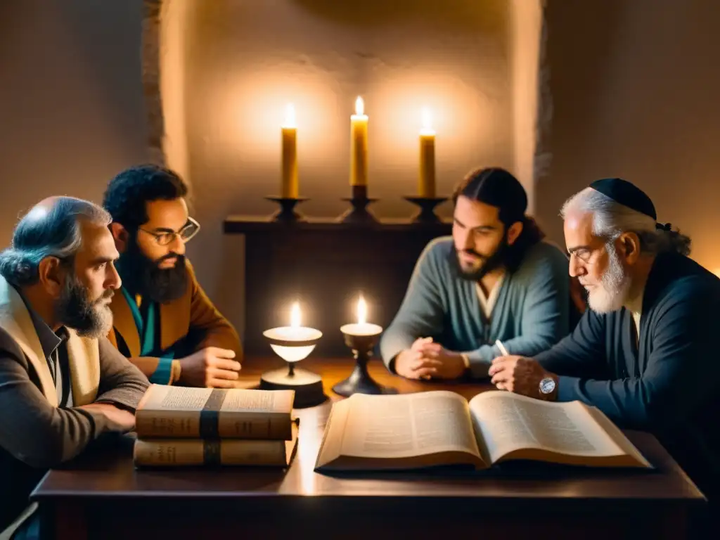 Grupo de kabalistas inmersos en la exploración de la filosofía judía mística, rodeados de antiguos textos y símbolos en una habitación tenue iluminada por velas