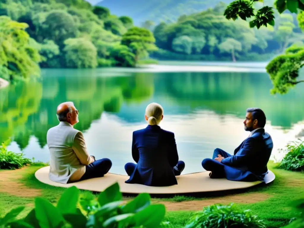 Grupo de líderes empresariales en conversación reflexiva, integrando la filosofía de Krishnamurti en un entorno natural
