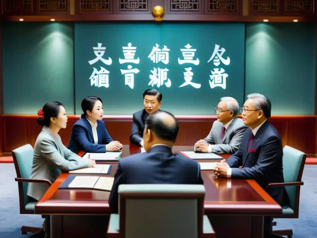 Grupo de líderes empresariales aplicando estrategias confucianas de liderazgo en una sala de juntas con decoración china y expresiones concentradas