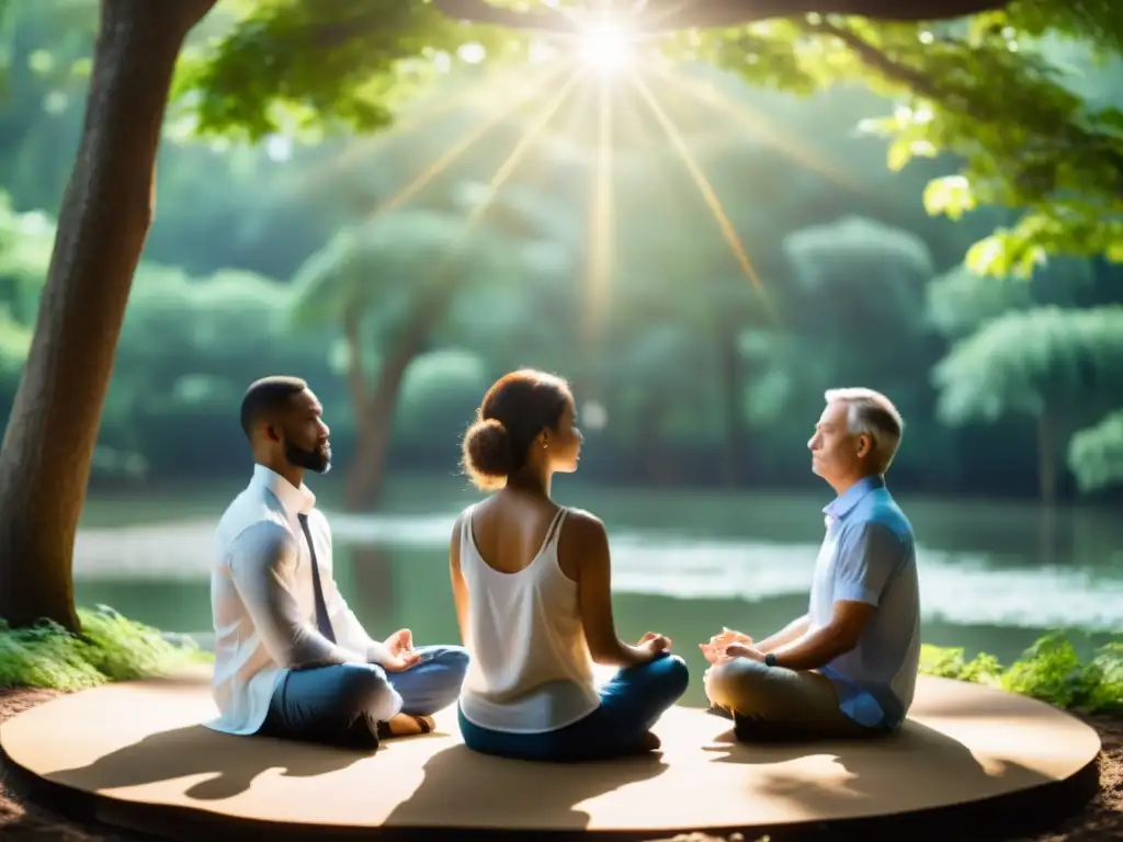 Grupo de líderes empresariales meditando en la naturaleza, cultivando habilidades directivas con Mindfulness en un entorno sereno y calmado