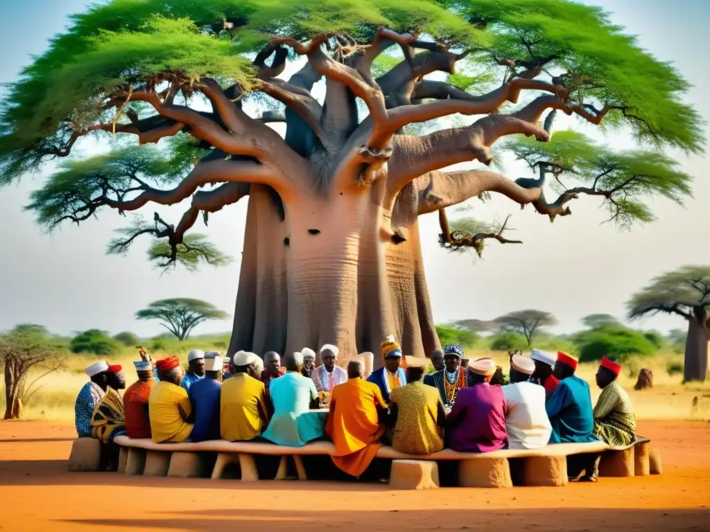 Grupo de líderes y filósofos tradicionales subsaharianos debatiendo bajo un baobab, reflejando sabiduría y autoridad en la rica tradición cultural de África