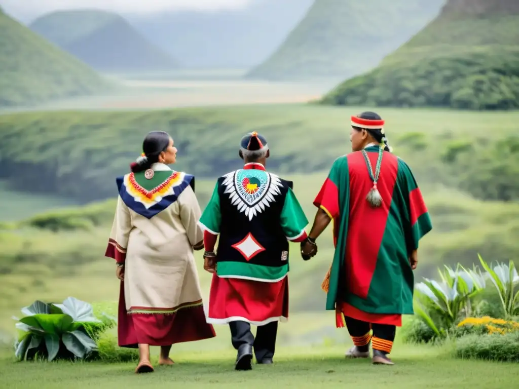 Un grupo de líderes indígenas y activistas unidos en círculo, mostrando determinación y fortaleza en su vestimenta tradicional