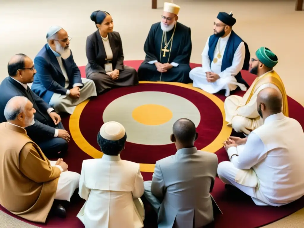 Grupo de líderes religiosos dialogando en armonía, buscando entendimiento y cooperación