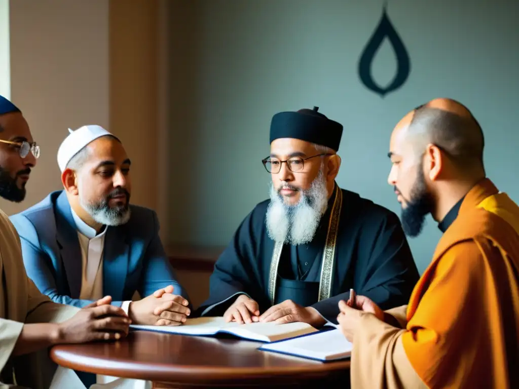 Grupo de líderes religiosos de diferentes credos dialogan en una habitación luminosa, creando un ambiente de respeto y comprensión mutua