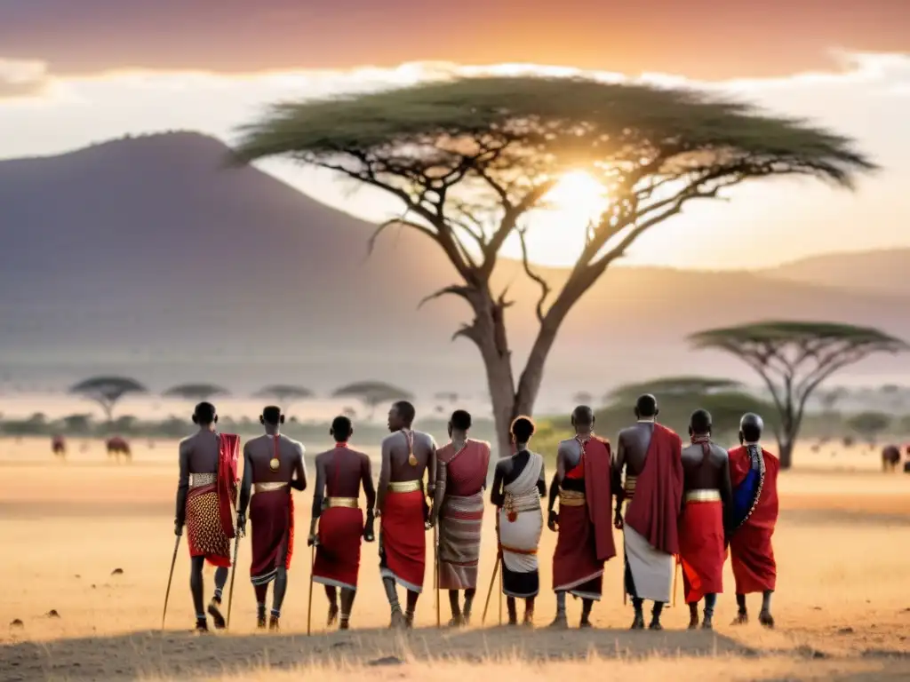 Grupo Maasai en la sabana al atardecer, vistiendo atuendos tradicionales, conviviendo en armonía con la naturaleza