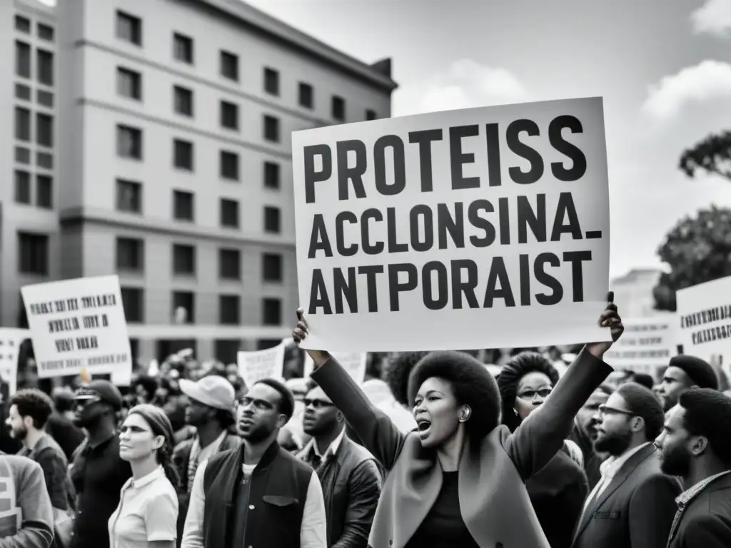 Grupo de manifestantes con pancartas anticolonialistas en una protesta urbana