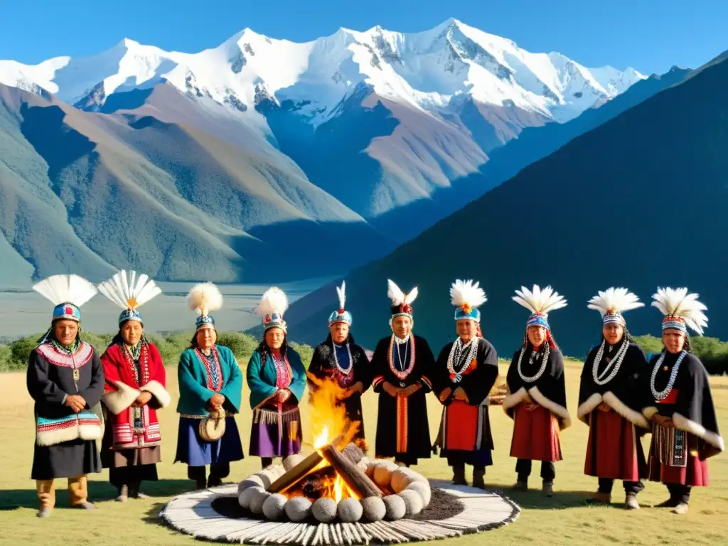Grupo Mapuche en ceremonia alrededor del fuego con los Andes de fondo, mostrando la resistencia de pueblos indígenas sudamericanos