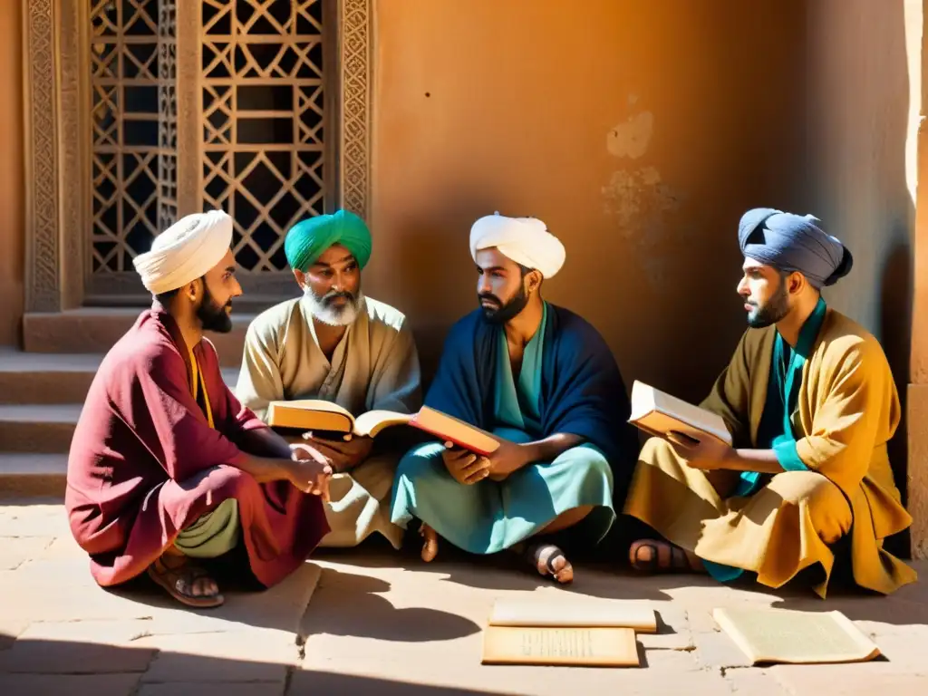 Un grupo de marabuts en un patio tradicional del Magreb, inmersos en una profunda discusión sobre rol filosófico marabuts Magreb, rodeados de libros antiguos y túnicas vibrantes, mientras la luz del sol crea sombras dramáticas en las paredes