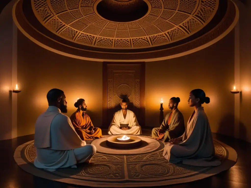 Grupo en meditación profunda, iluminados por velas en un espacio con patrones geométricos, transmite serenidad y la atmósfera de Iniciación al Sufismo