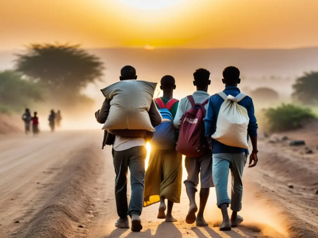 Un grupo de migrantes camina por un camino polvoriento al atardecer, llevando sus pertenencias