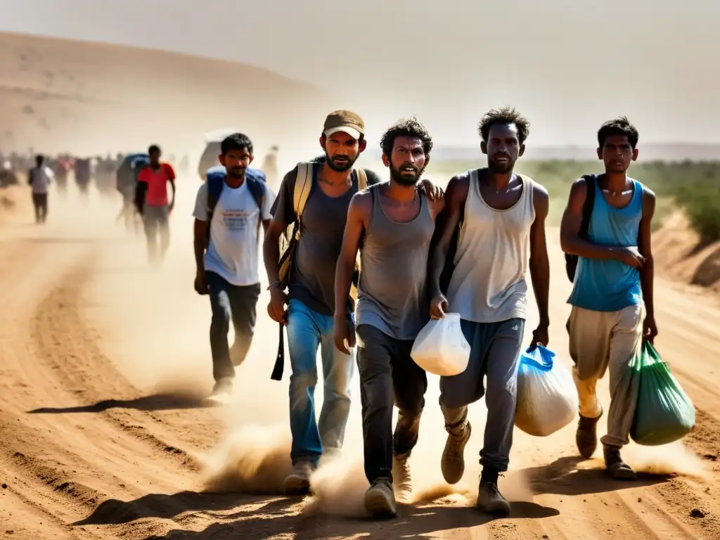 Grupo de migrantes cansados y determinados en un paisaje desértico, evocando dilemas éticos migración justicia