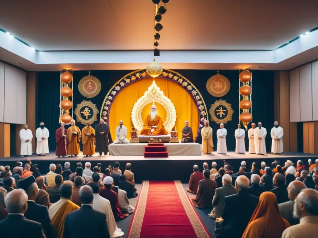 Un grupo de gurús modernos guías espirituales mercaderes en un escenario, rodeados de seguidores