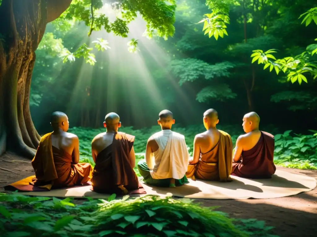 Un grupo de monjes meditando en un bosque exuberante, creando una atmósfera espiritual