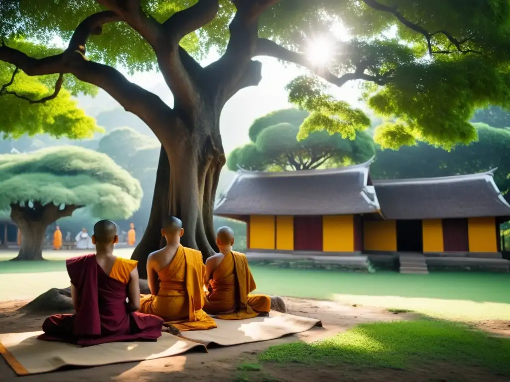 Un grupo de monjes budistas medita bajo un árbol Bodhi