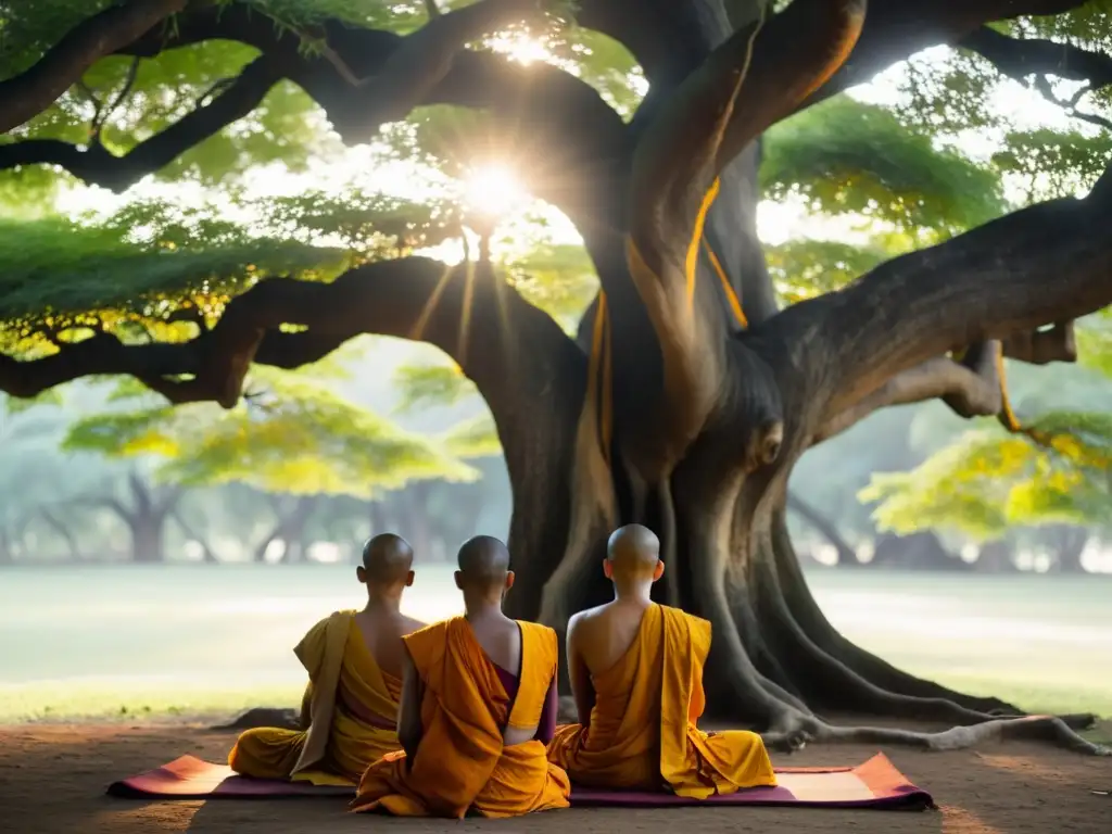 Un grupo de monjes budistas en meditación bajo el árbol Bodhi, iluminados por la suave luz dorada del amanecer