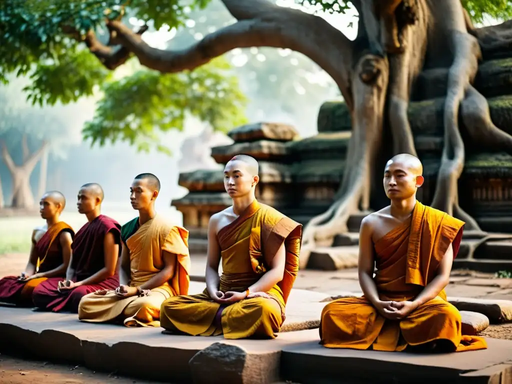 Un grupo de monjes budistas en meditación bajo un árbol Bodhi, rodeados de ruinas antiguas y con luz suave