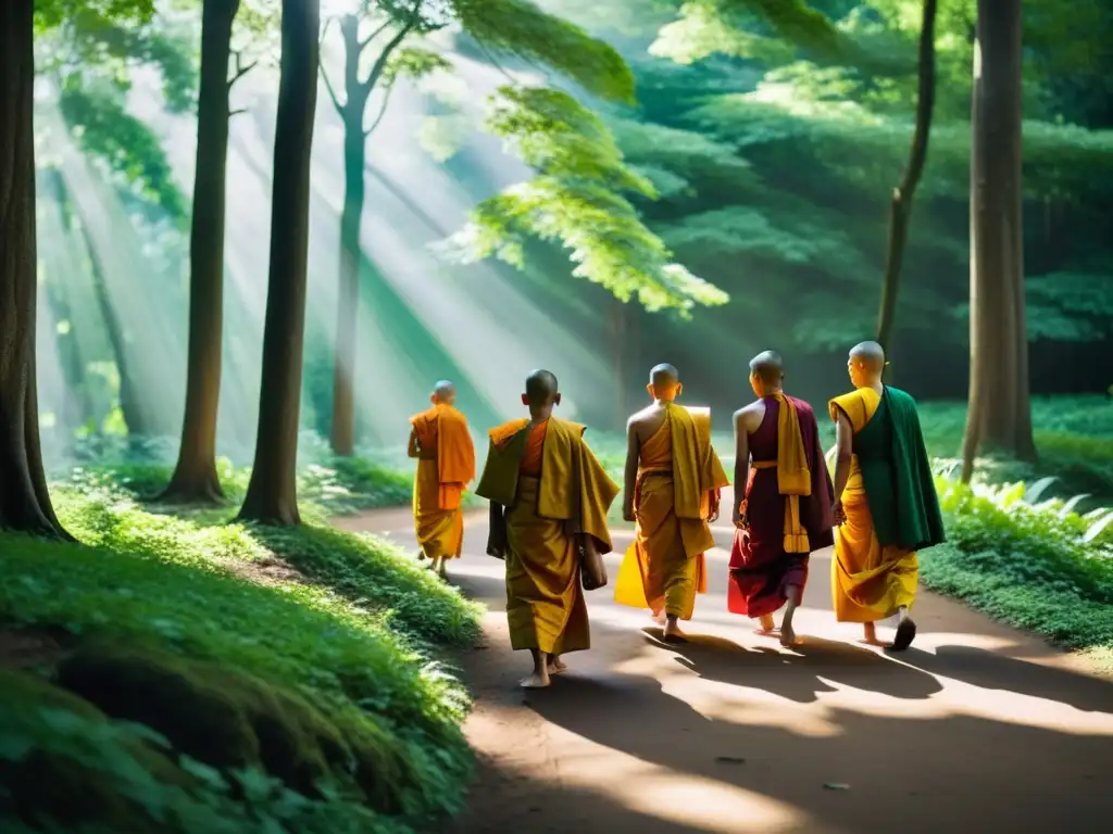 Un grupo de monjes budistas camina en un bosque, irradiando paz y sabiduría espiritual