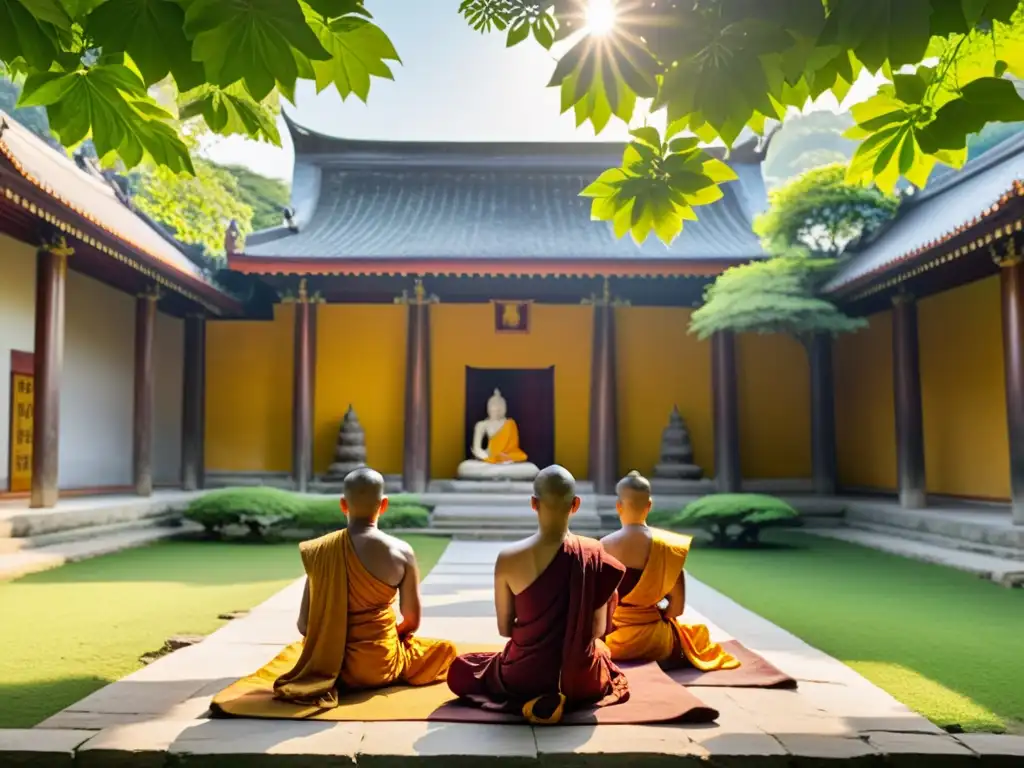 Un grupo de monjes budistas medita en un hermoso templo rodeado de naturaleza