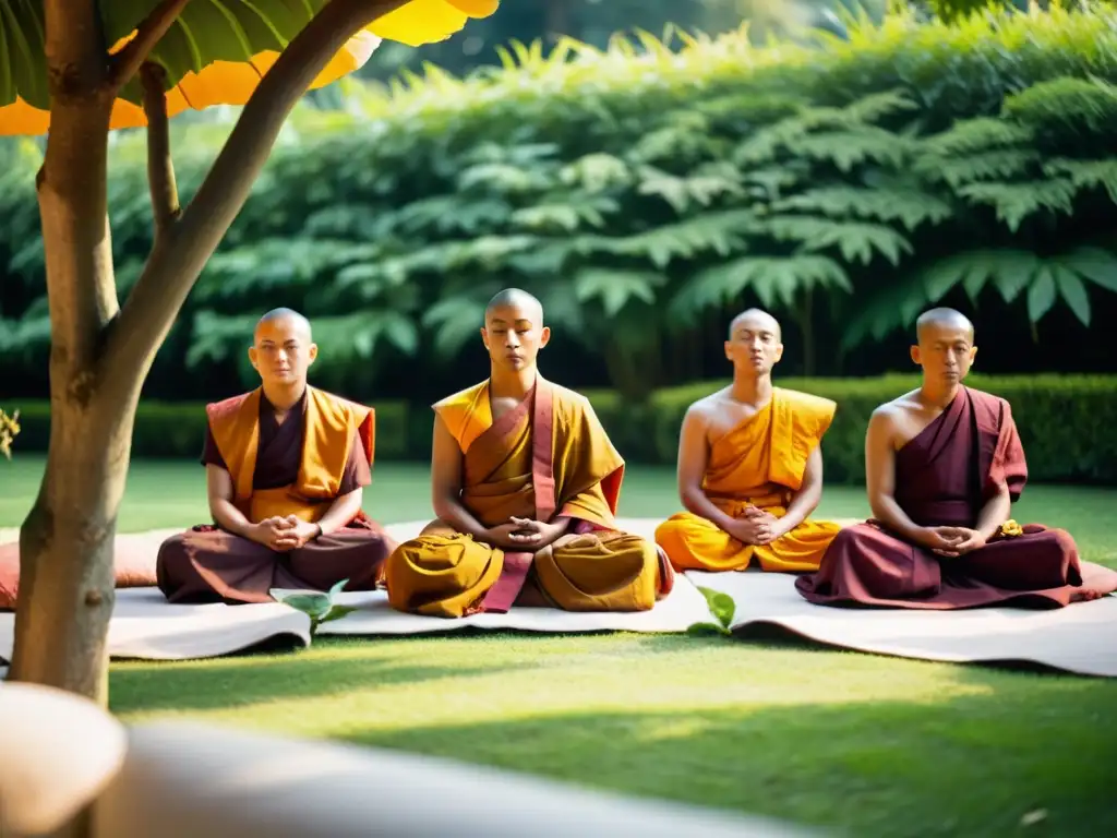 Grupo de monjes budistas meditando en un jardín sereno, irradiando paz y tranquilidad